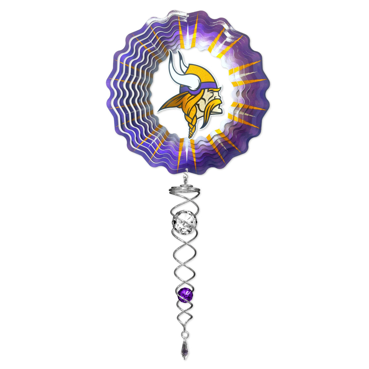 Minnesota Vikings wind spinner mini set with vibrant team colors, including a 6.5-inch wind spinner and 7.5-inch crystal twister displayed outdoors.
