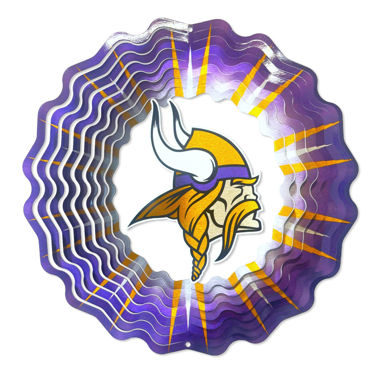 Minnesota Vikings wind spinner with bold team graphics displayed in a garden setting, spinning elegantly in the breeze.