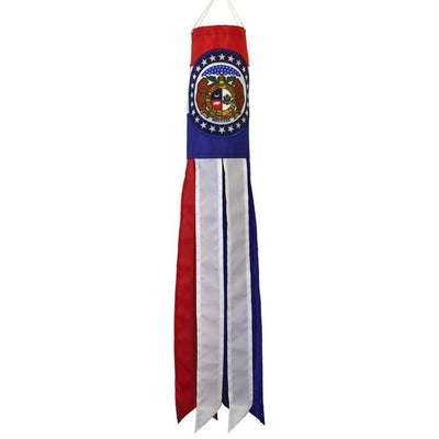 Missouri 18-inch windsock displaying bright colors and embroidered accents, fluttering in the wind against a clear sky backdrop.