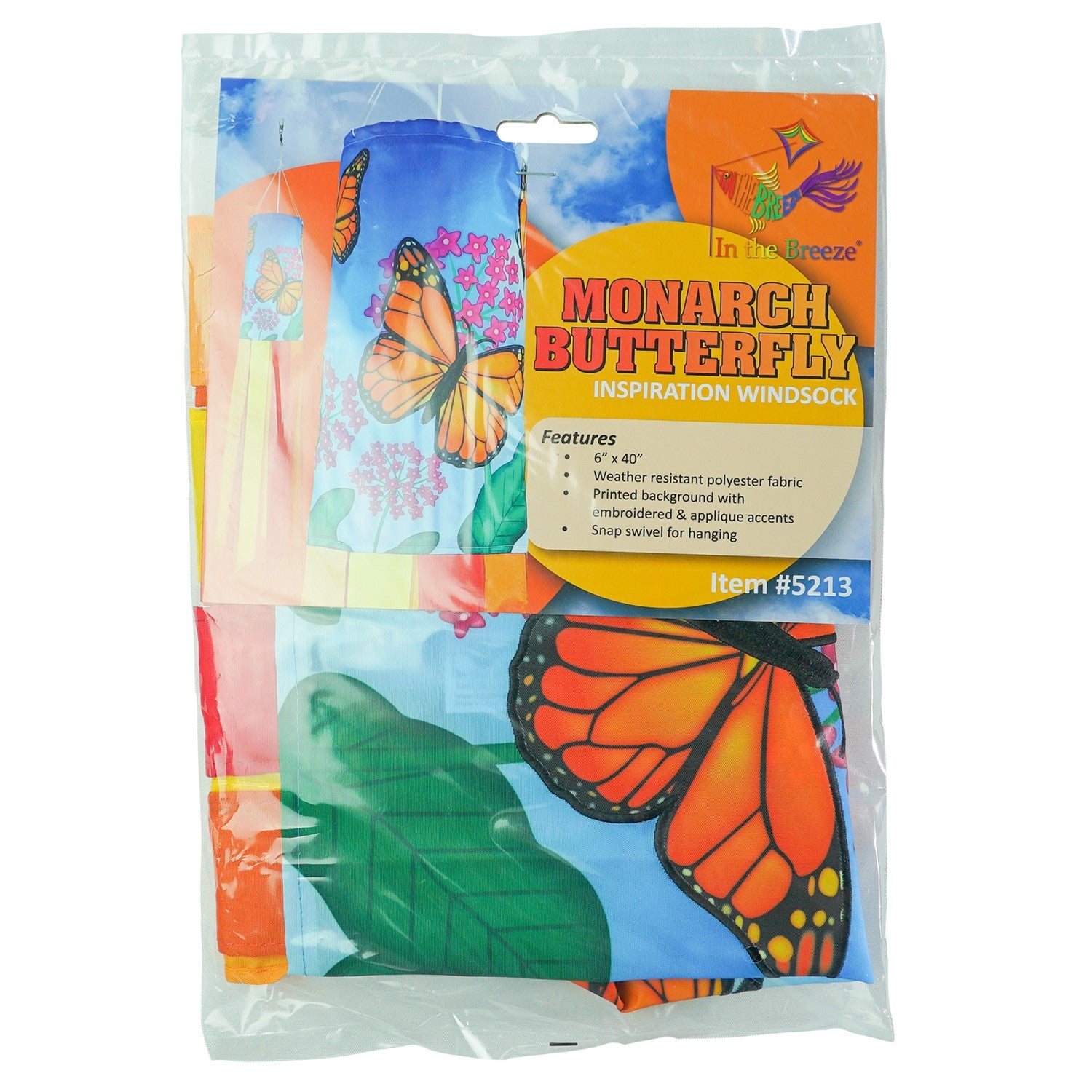 Monarch Butterfly 40" Inspiration Windsock featuring vibrant butterfly design and fluttering tails, displayed in an outdoor garden setting.
