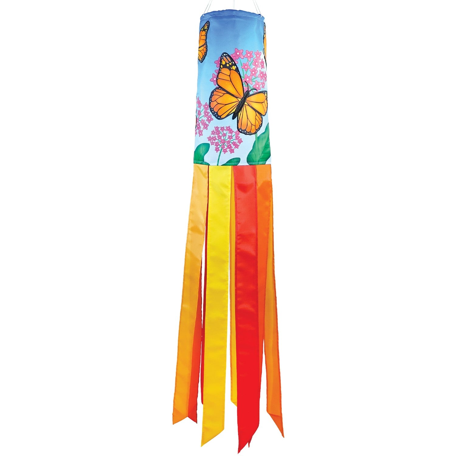 Monarch Butterfly 40" Inspiration Windsock featuring vibrant butterfly design and fluttering tails, displayed in an outdoor garden setting.