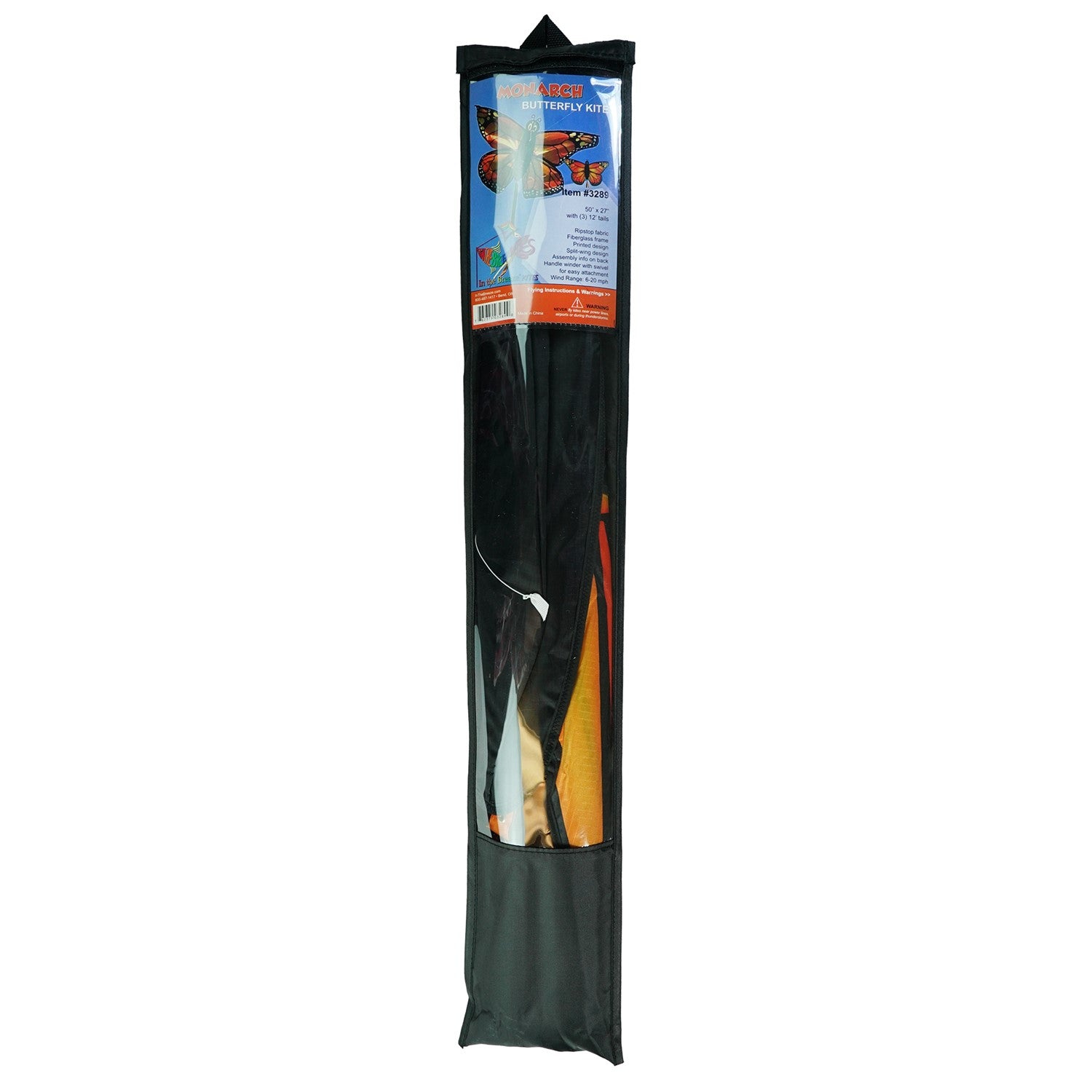 Monarch Butterfly Kite in vibrant orange and red colors soaring against a blue sky with tails fluttering gracefully behind it.