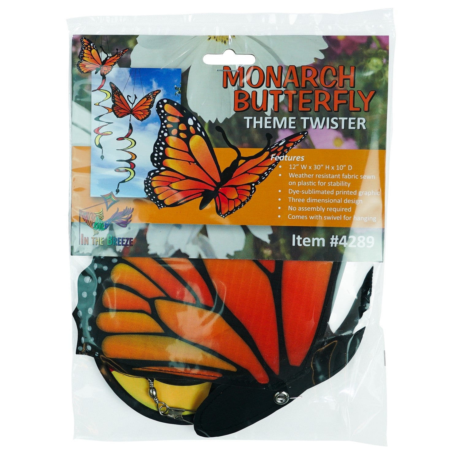 Monarch Butterfly Theme Twister featuring moveable wings and a curlie tail, hanging gracefully in a vibrant outdoor garden setting.