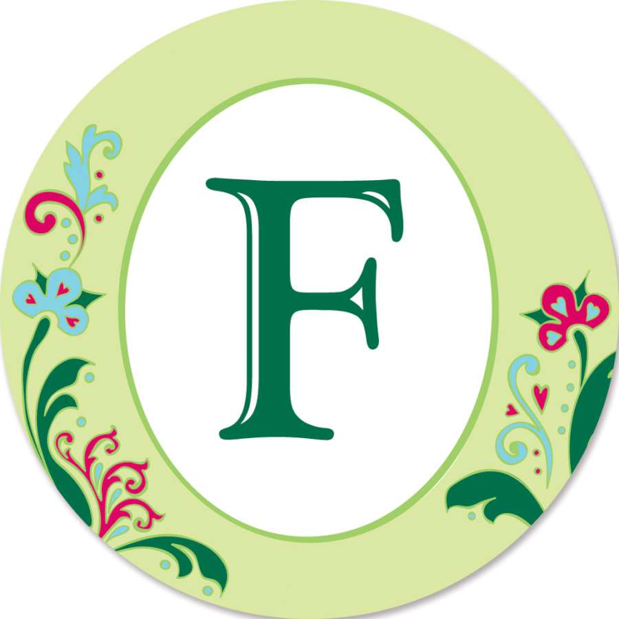 Monogram Triple Spinner - F featuring a decorative letter F, made of fade-resistant SunTex fabric, swirling in a garden setting.
