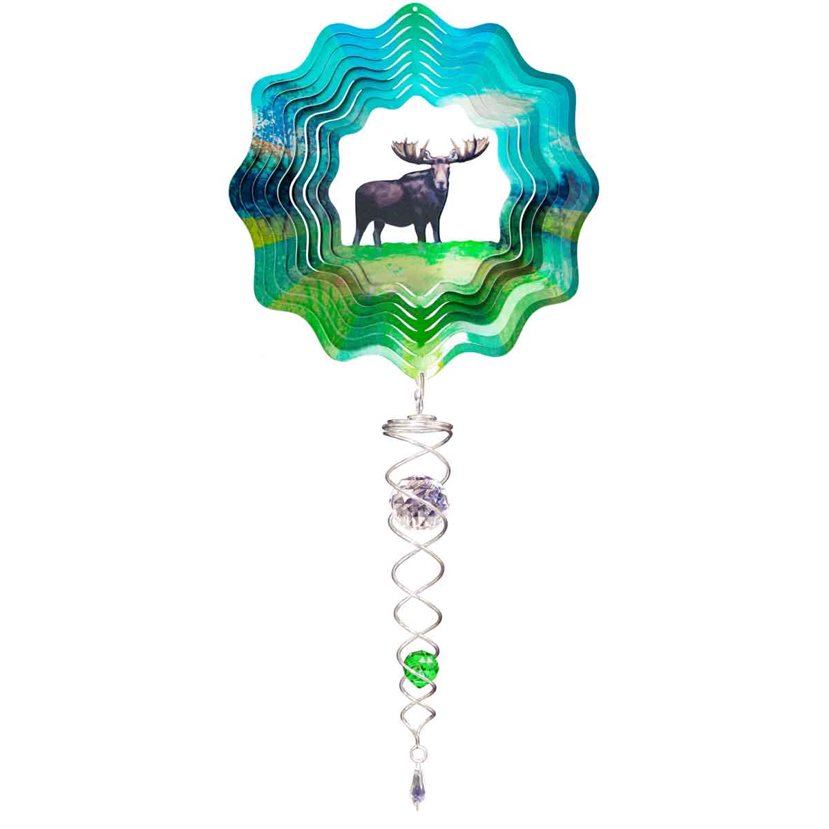 Moose Mini Set Wind Spinner in outdoor setting, featuring a detailed moose design and a twinkling crystal twister, shown in the breeze.