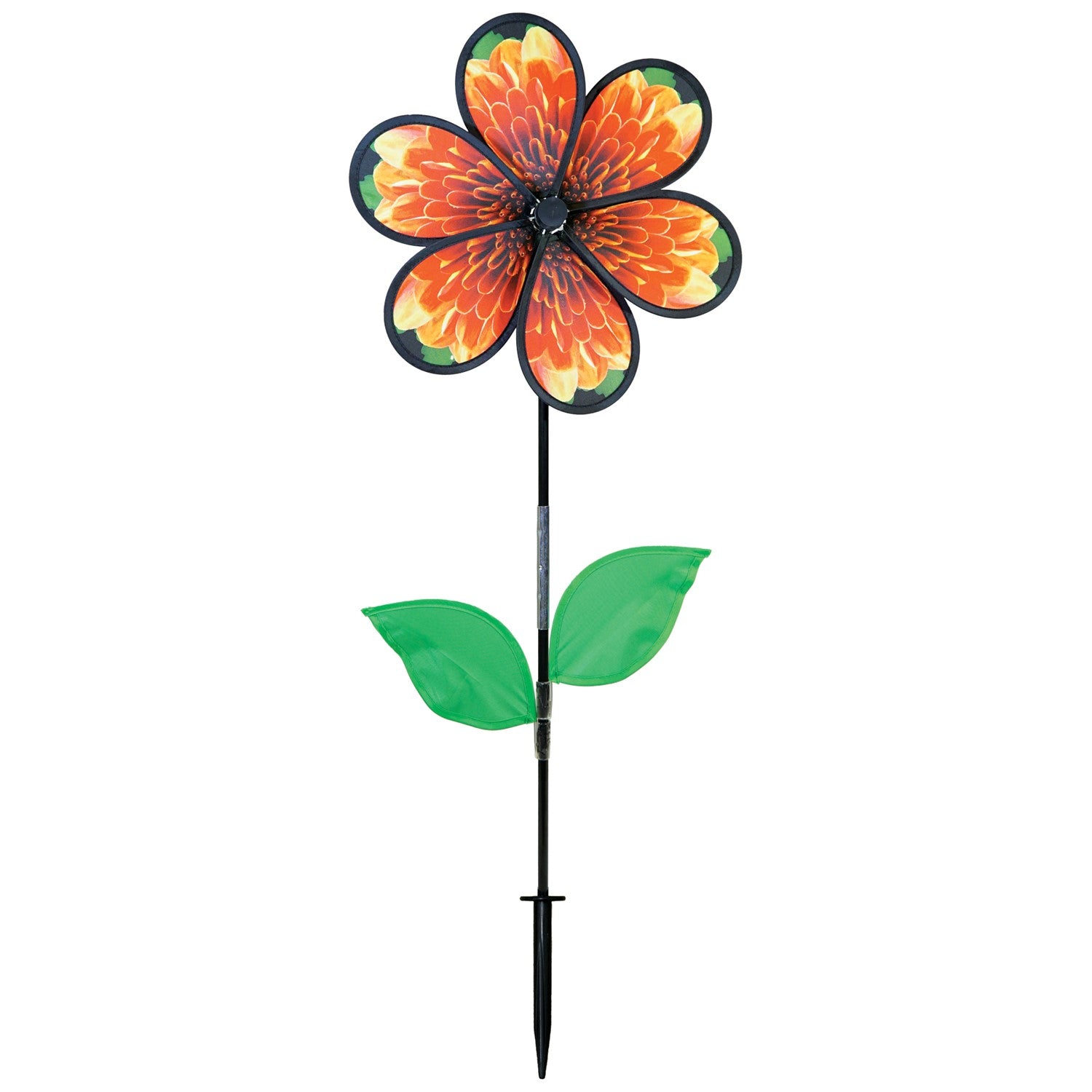 13.5-inch Mum Spinner with Leaves featuring realistic chrysanthemum petals and green leaves, spinning in a garden setting.