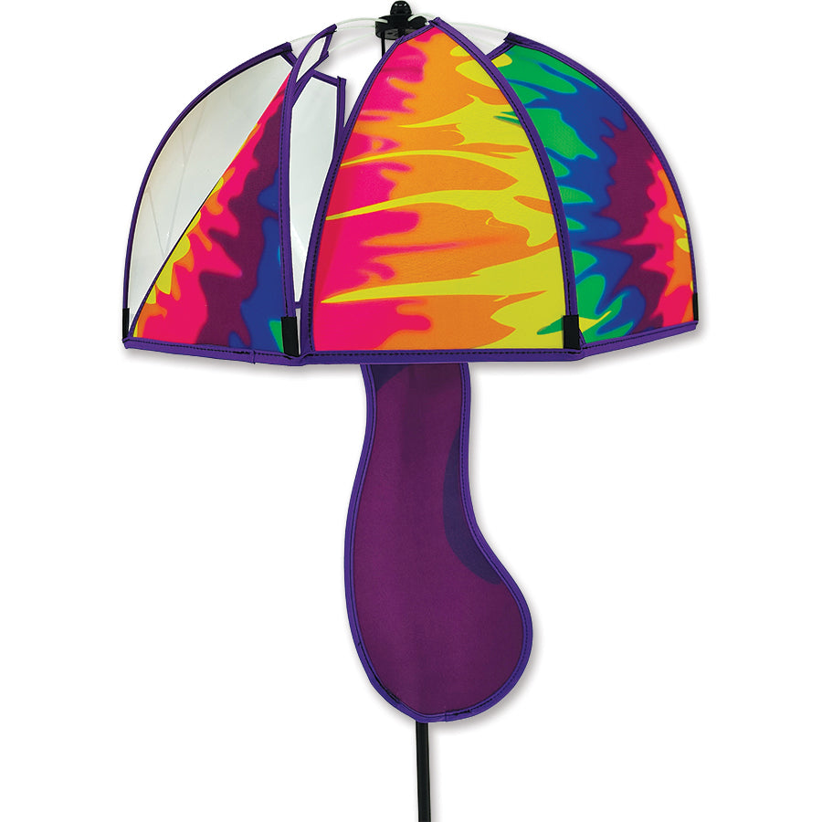 Mushroom Spinner - Tie Dye with colorful, swirling patterns displayed in a garden setting, gently rotating in the breeze.