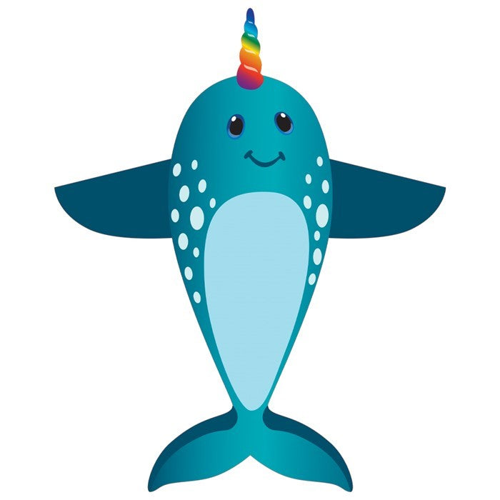 Narwhal Supersize 2D Kite soaring high in a blue sky, showcasing its vibrant colors and fun 2D narwhal design perfect for kids.