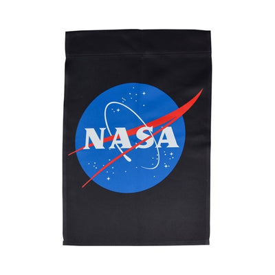 NASA Lustre Garden Flag with double-sided logo design against a black background displayed in a garden setting.