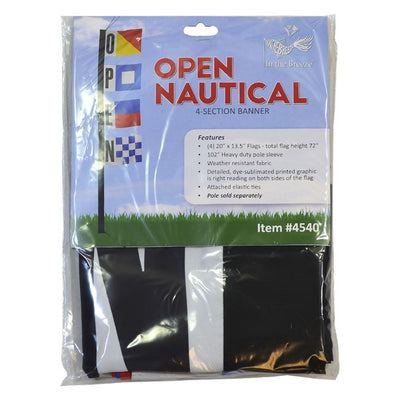 Nautical Open 23" x 72" 4-Section Feather Banner displayed outdoors, showcasing vibrant graphics visible from multiple angles.