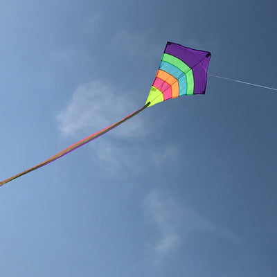 Neon Arch 27" Diamond Kite with vibrant colors and three streaming tails flying high against a blue sky in an outdoor setting.