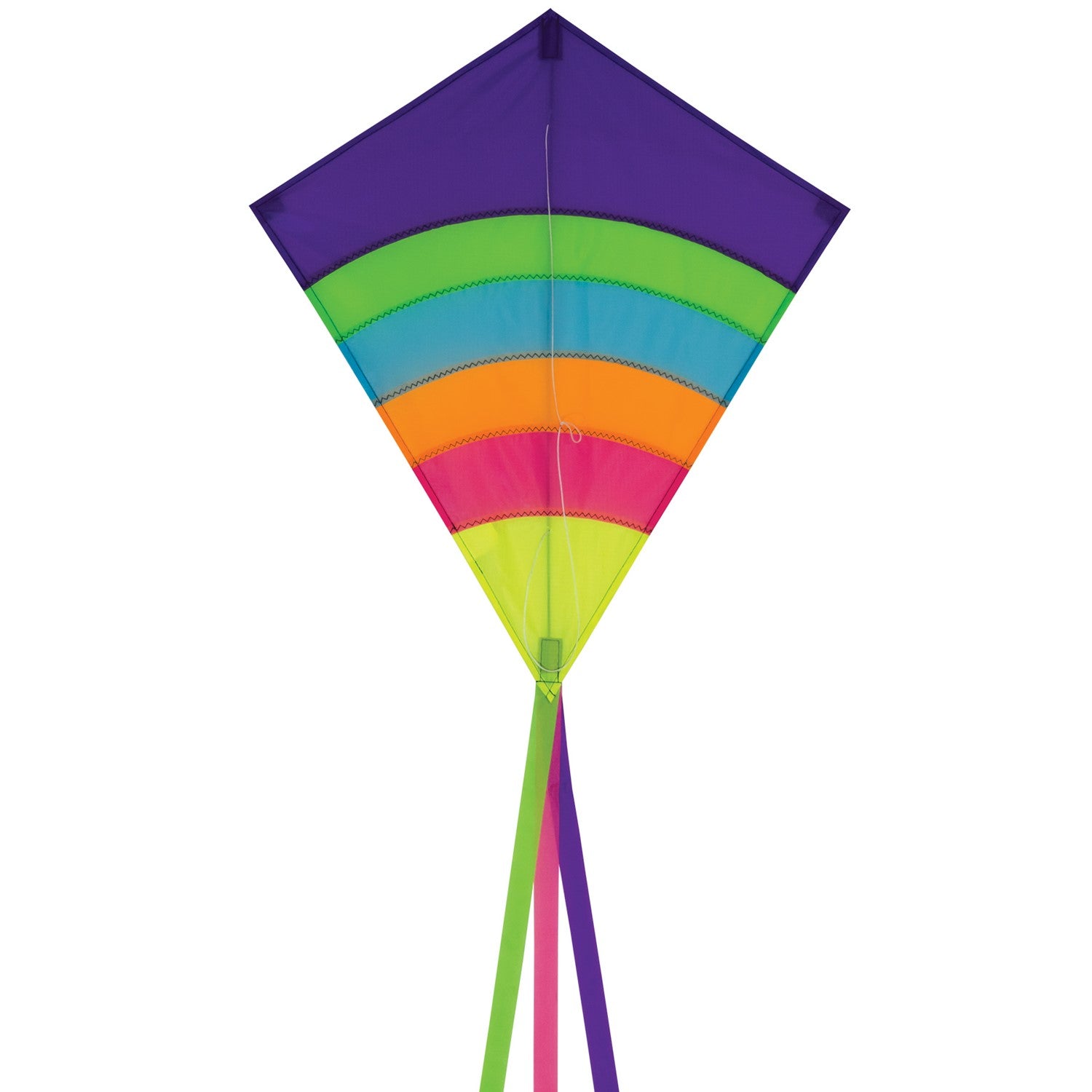 Neon Arch 27" Diamond Kite with vibrant colors and three streaming tails flying high against a blue sky in an outdoor setting.