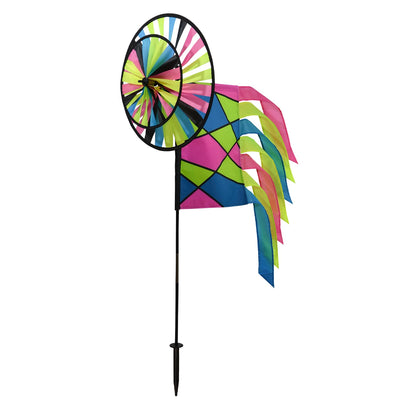 Neon Colorblock Spinner Wheels with colorful garden flag and tails spinning in the breeze, adding lively decor to an outdoor space.