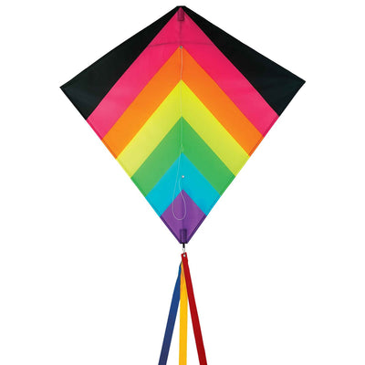 Neon Fiesta 30' Diamond Kite flying in a clear blue sky, featuring bright colors and long flowing tails, showcasing its stunning design.