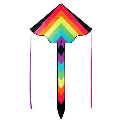 Neon Fiesta 46-inch Fly-Hi Kite soaring high in a blue sky, featuring a vibrant printed design and streamer tails, ideal for family enjoyment.