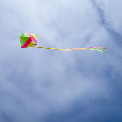 Vibrantly colored Neon Single Box Kite soaring in the sky with color-coordinated tails, designed for easy flying and fun.