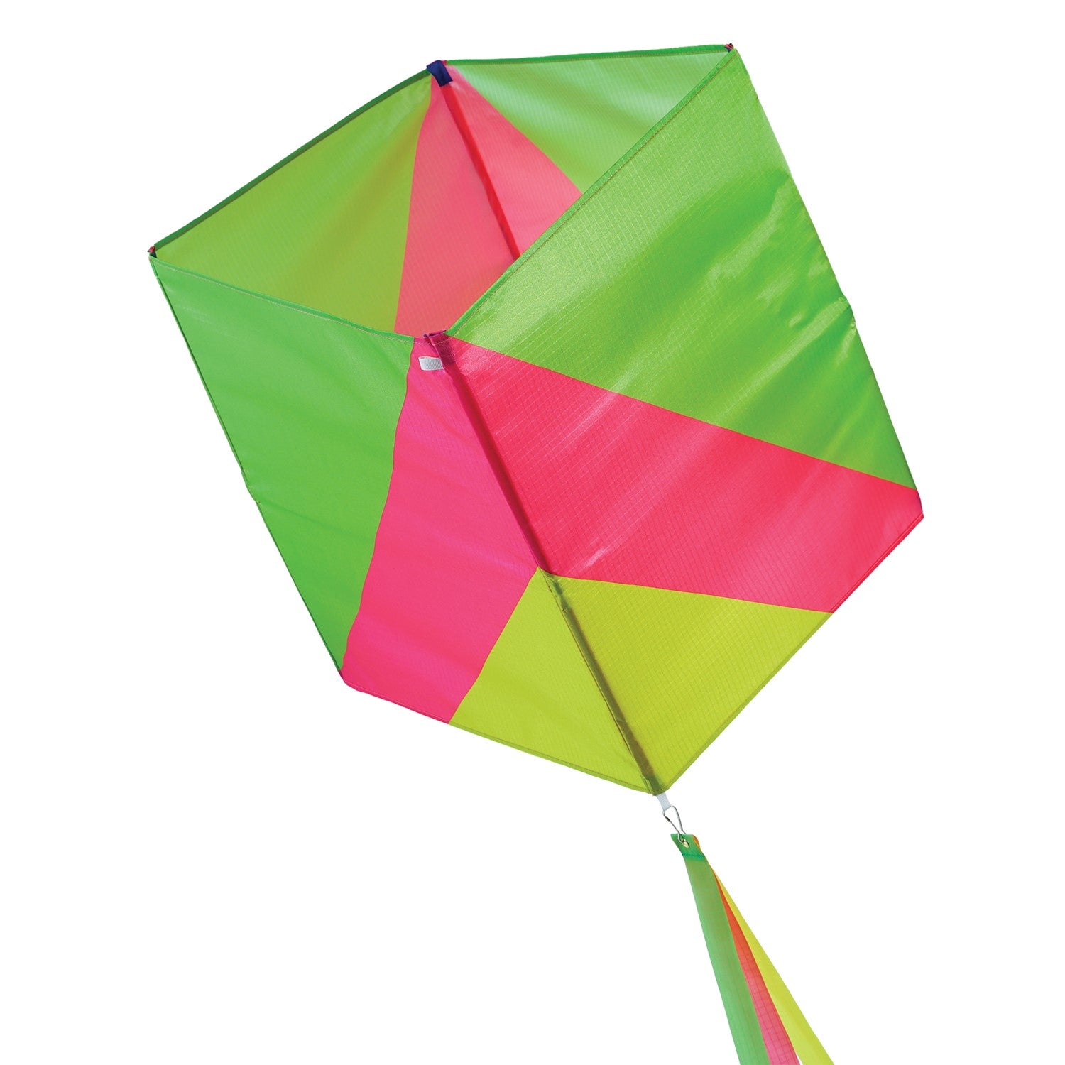 Vibrantly colored Neon Single Box Kite soaring in the sky with color-coordinated tails, designed for easy flying and fun.