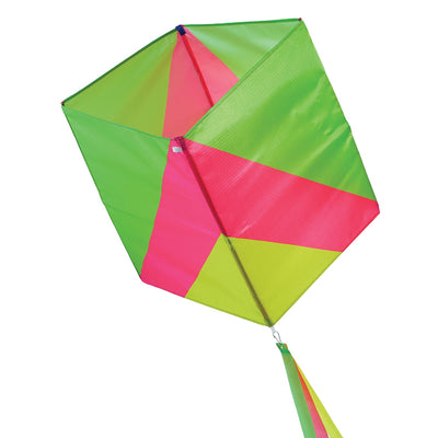 Vibrantly colored Neon Single Box Kite soaring in the sky with color-coordinated tails, designed for easy flying and fun.