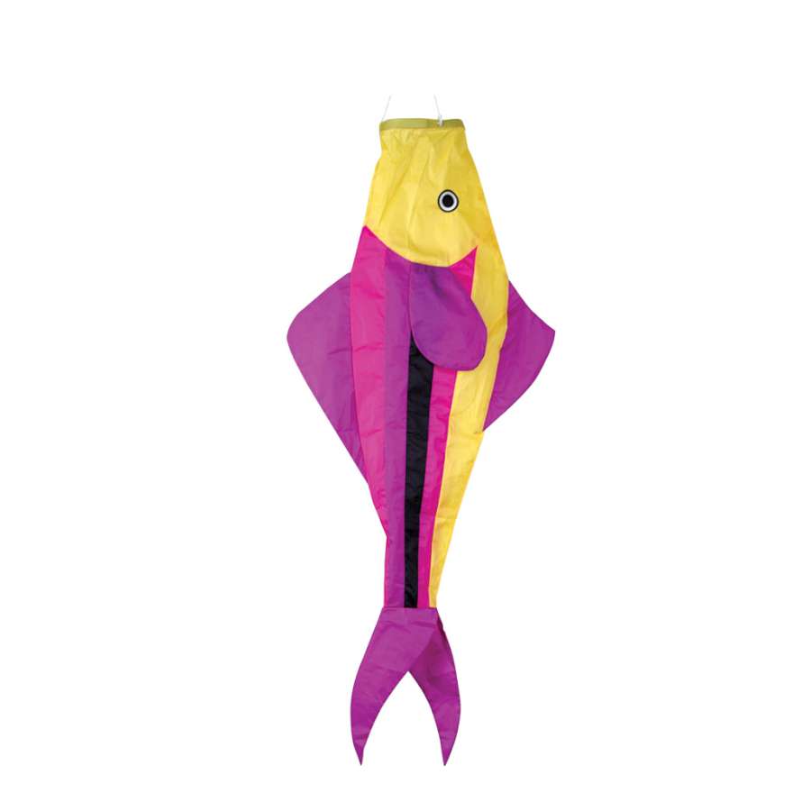 Vibrant Neon Trout windsock displayed outdoors, fluttering in the breeze, showcasing a three-dimensional design.