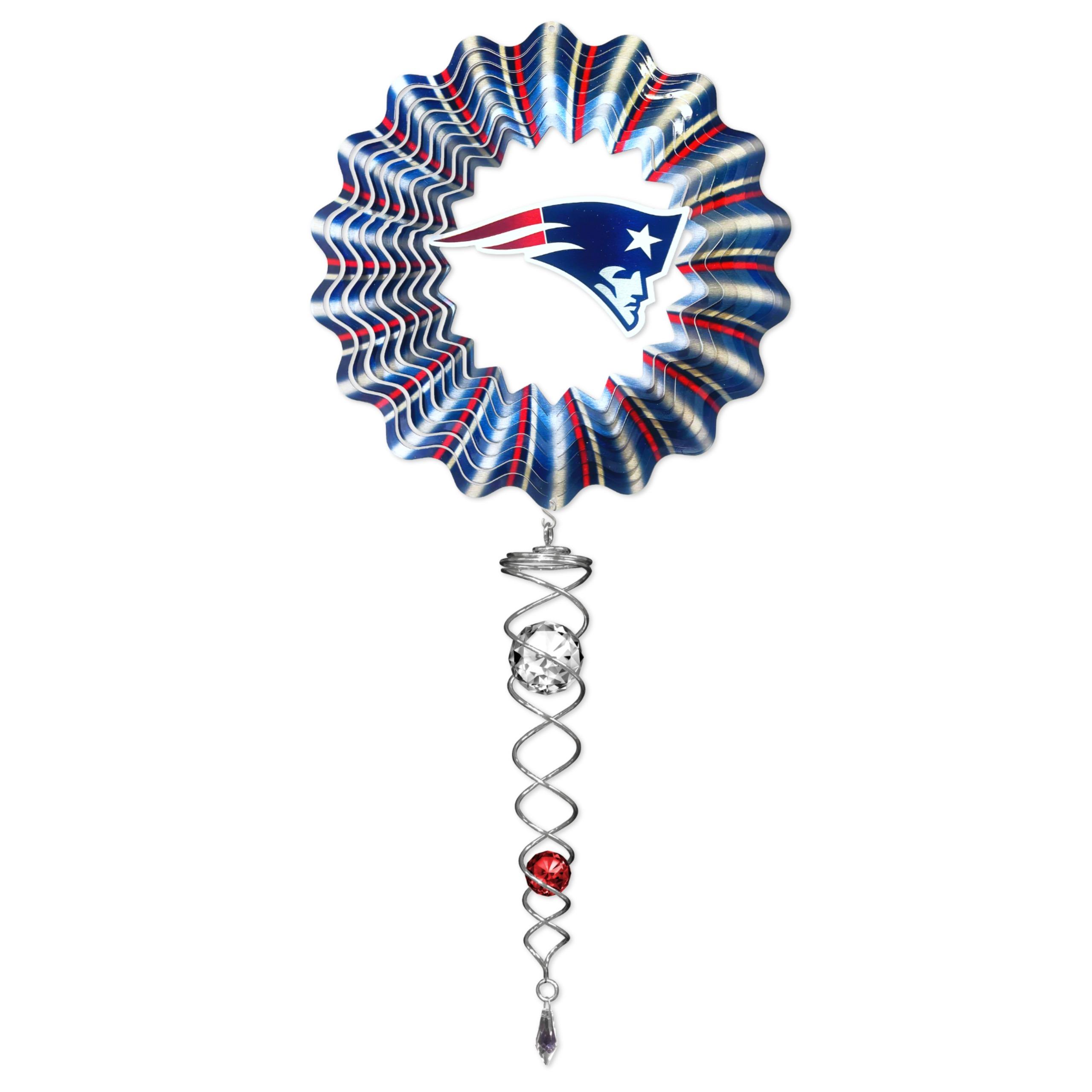 New England Patriots mini wind spinner set featuring a 6.5-inch spinner and a 7.5-inch crystal twister displayed outdoors, catching light and breeze.
