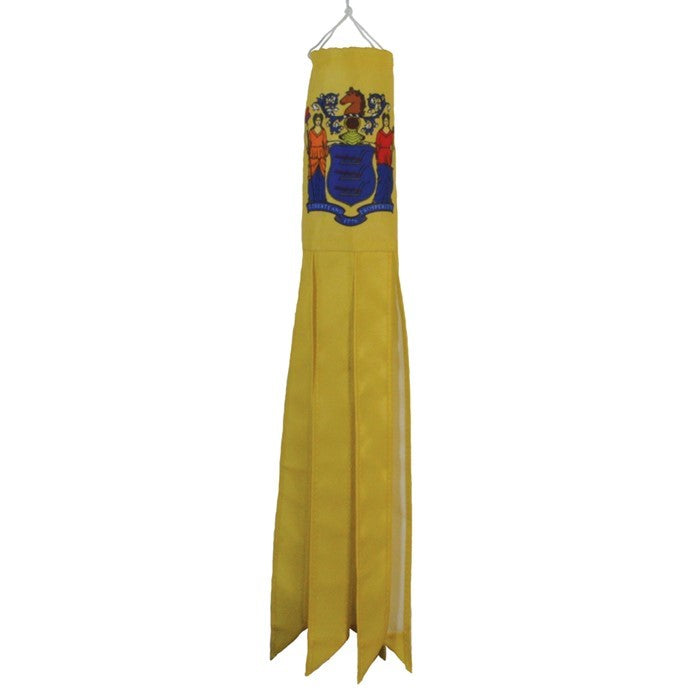 New Jersey 18 inch windsock with vibrant colors and six fluttering tails displayed outdoors, reflecting state pride in a garden setting.