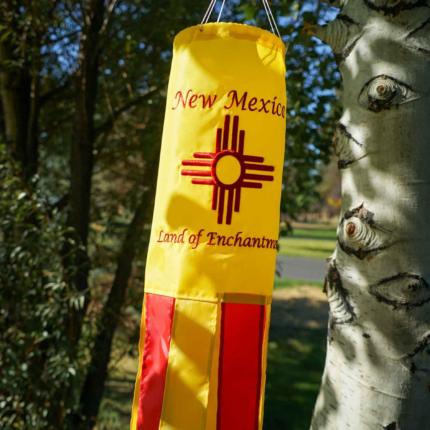 New Mexico 40 inch windsock displaying colorful appliqued graphics and fluttering tails against a backdrop of blue sky.