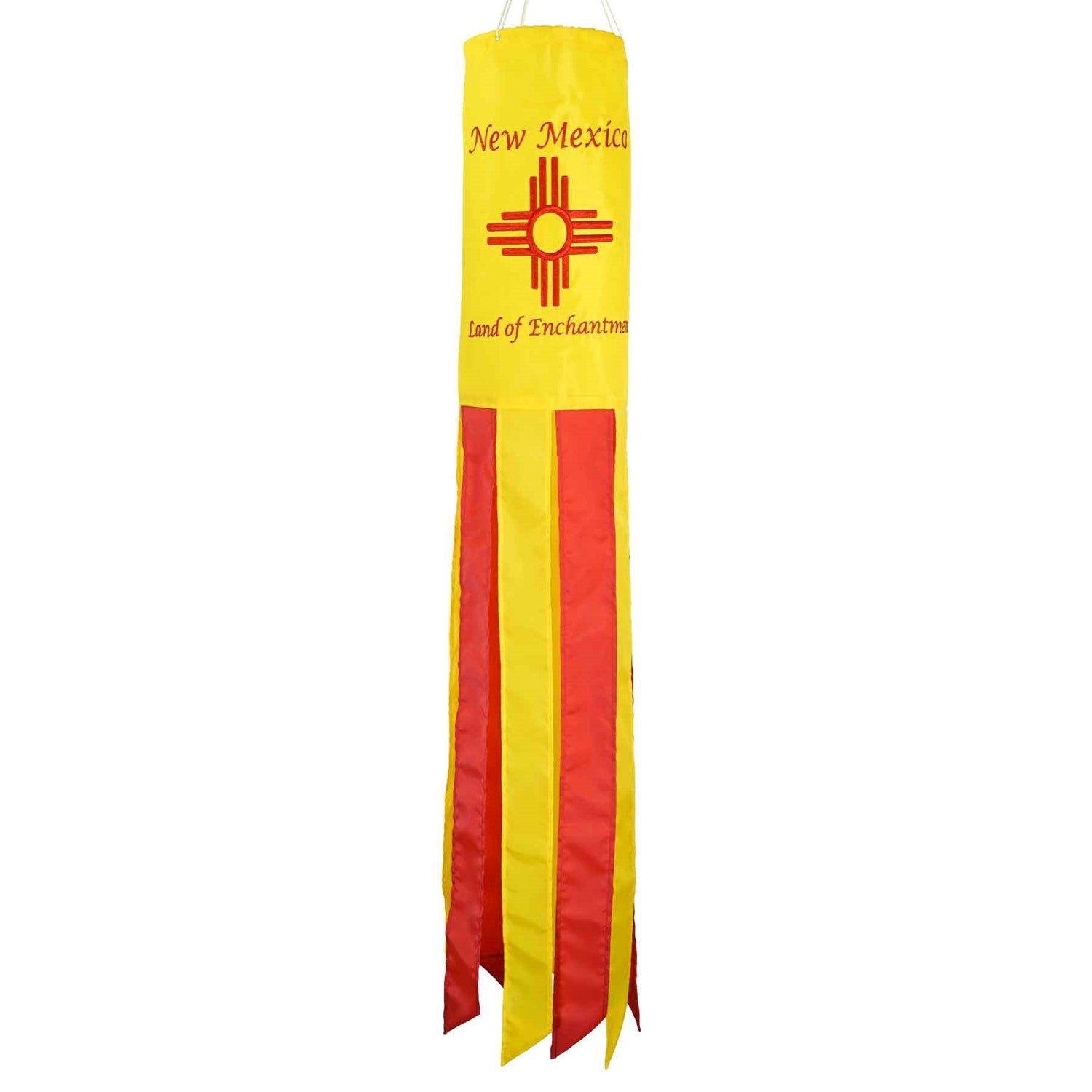 New Mexico 40 inch windsock displaying colorful appliqued graphics and fluttering tails against a backdrop of blue sky.
