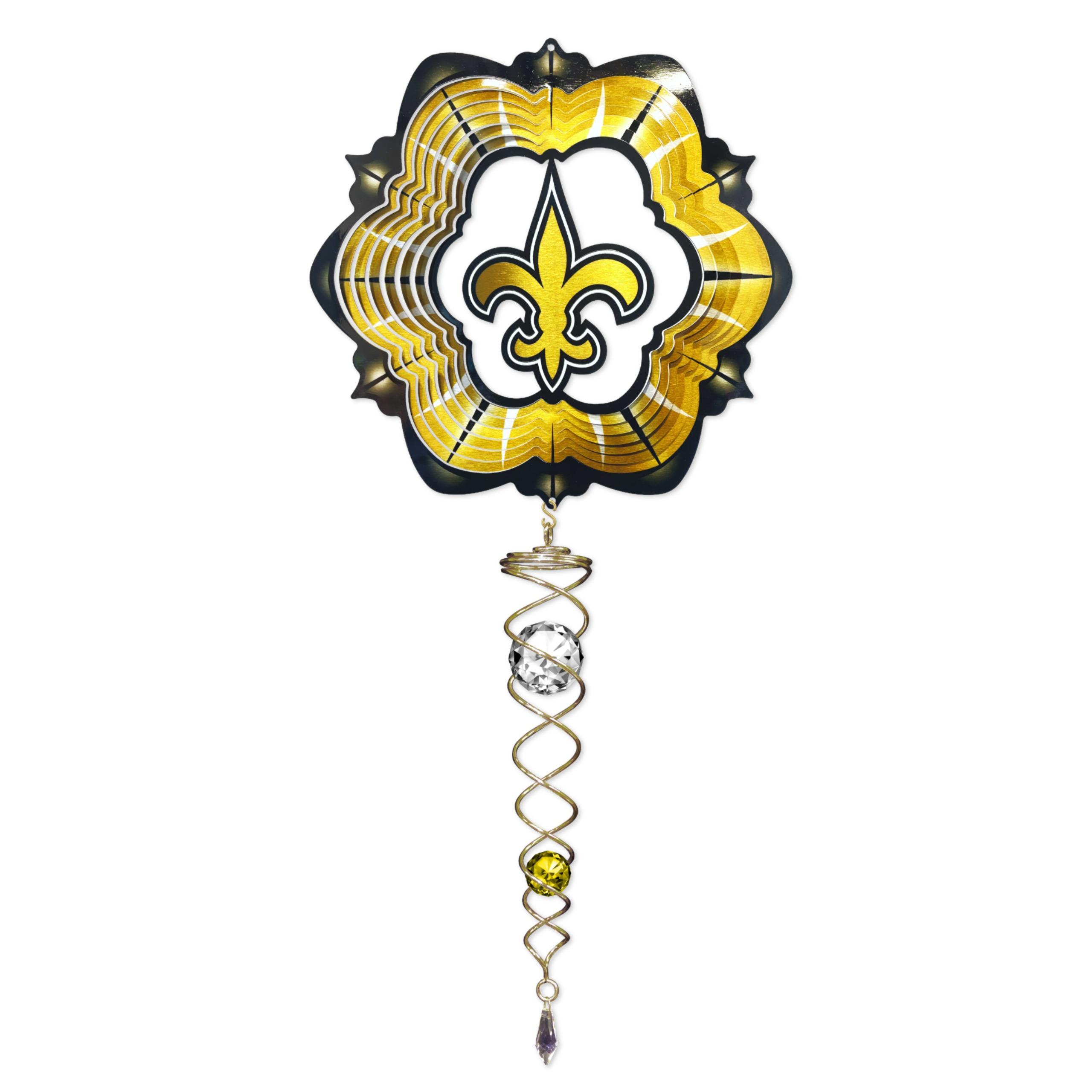 New Orleans Saints wind spinner mini set featuring a 6.5-inch wind spinner and a 7.5-inch crystal twister displayed outdoors, showcasing team colors.