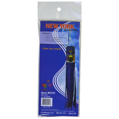 New York 18 inch windsock featuring bright colors and applique design, fluttering in the wind against a blue sky backdrop.