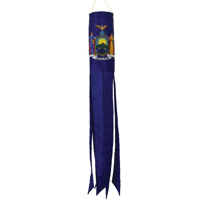New York 18 inch windsock featuring bright colors and applique design, fluttering in the wind against a blue sky backdrop.