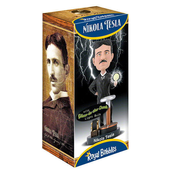 Nikola Tesla Bobblehead figurine capturing Tesla's likeness, detailed with hand-painted features, displayed on a desk among books.