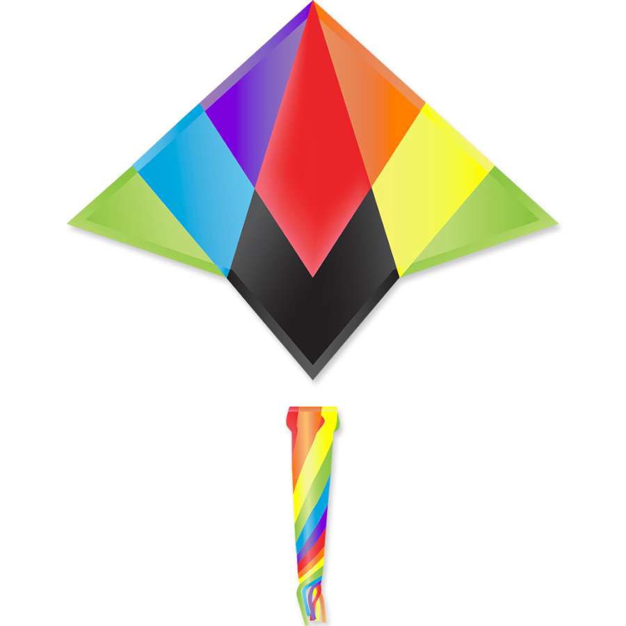 Nova Delta 60 Rainbow kite flying high in the sky at the beach with a colorful spinning windsock, measuring 58x44 inches.