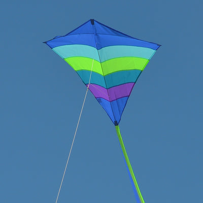 The Ocean Arch 39" Diamond Kite features a stunning blue and ocean-themed design, showcasing its durable ripstop fabric and long tails as it soars high in clear skies.