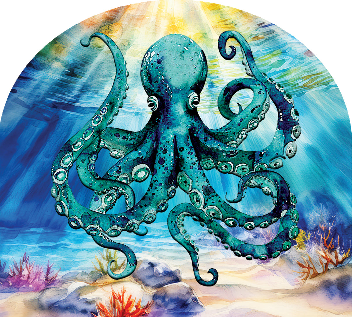 Octopus-Arbor Mate decorative panel showcasing a colorful octopus design on a holder in a garden setting, designed for coastal aesthetic.
