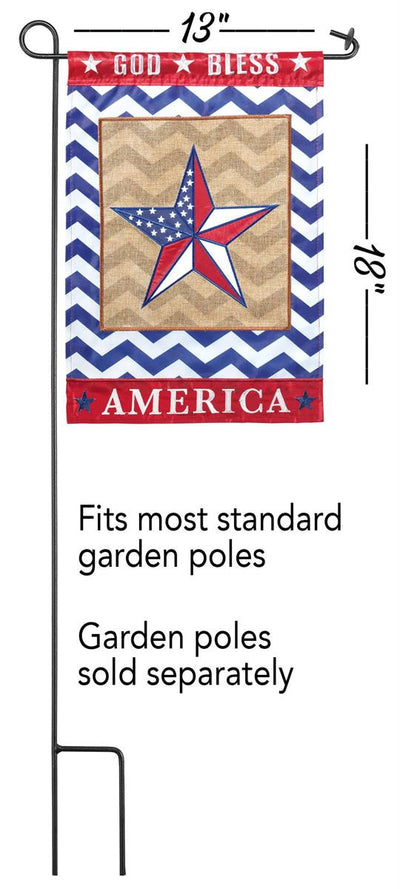 God Bless America Star 13x18 garden flag displayed on a decorative stand, showcasing its bold design and durable weatherproof polyester.