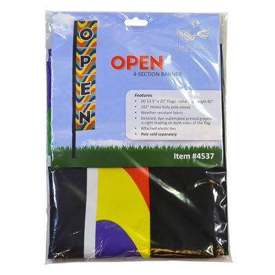 Open 17" x 82" feather banner with vivid dye-sublimated print for dual-sided visibility, featuring durable construction designed for outdoor use.