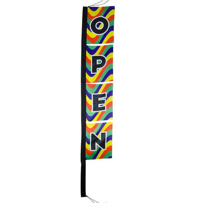 Open 17" x 82" feather banner with vivid dye-sublimated print for dual-sided visibility, featuring durable construction designed for outdoor use.