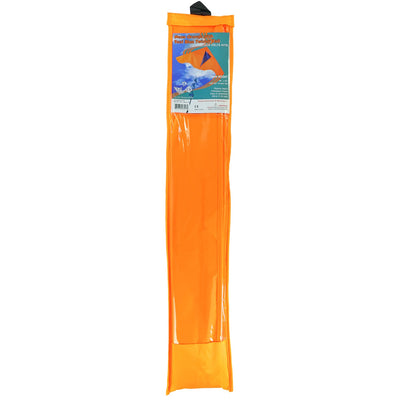 Orange Colorblock Delta Kite with Teal Blue Twister Tail flying against a clear blue sky, showcasing its vibrant colors in an outdoor setting.