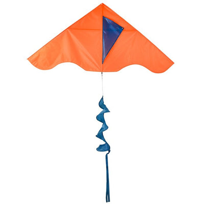 Orange Colorblock Delta Kite with Teal Blue Twister Tail flying against a clear blue sky, showcasing its vibrant colors in an outdoor setting.
