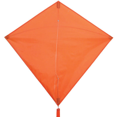 Orange Colorfly 30" Diamond Kite with vivid orange color and three 12' tails displayed in the sky during a sunny day, signifying outdoor fun.