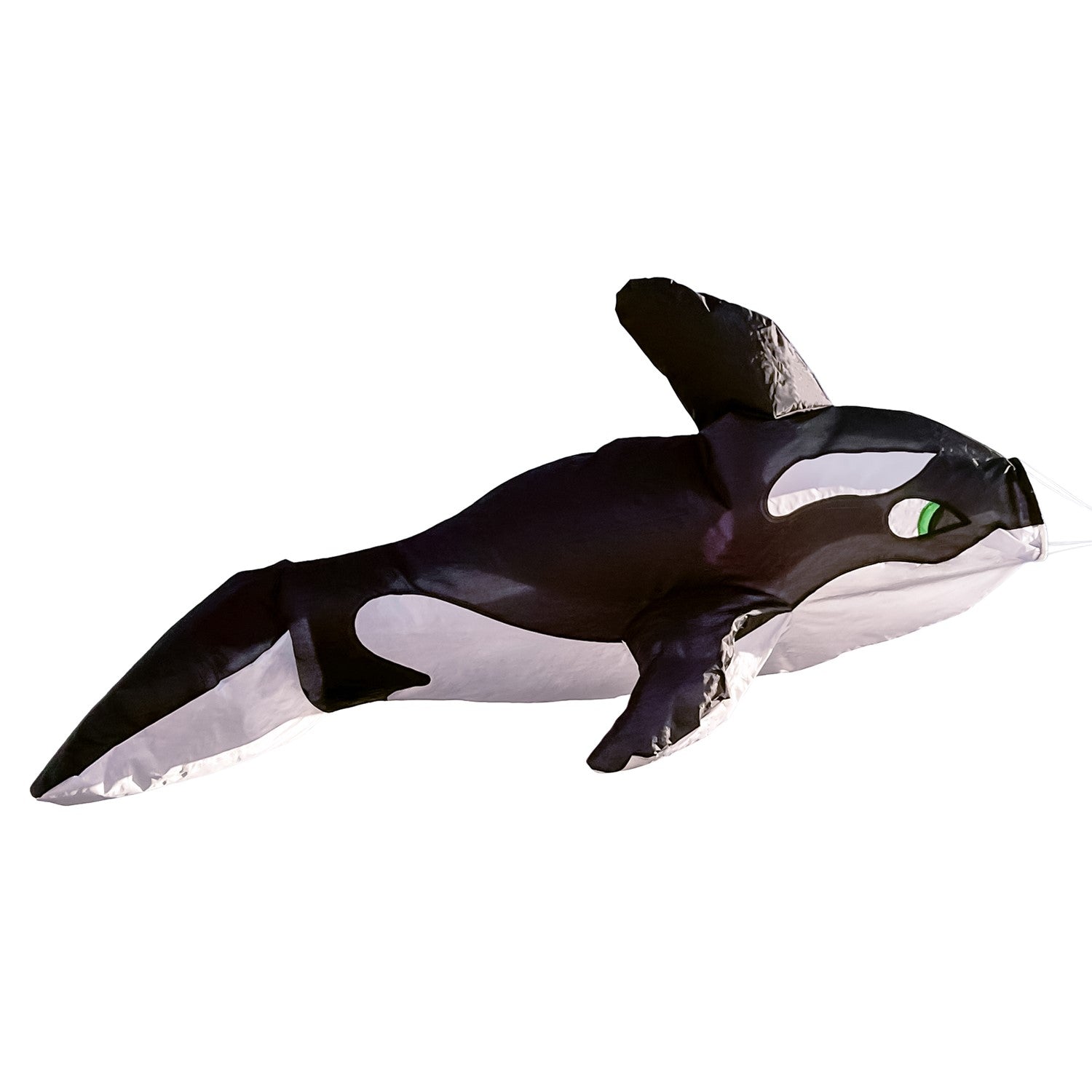 Orca Big Breeze WindsockTM featuring a vibrant 3D design of an orca whale, inflating in the wind and hanging in a sunny outdoor setting.