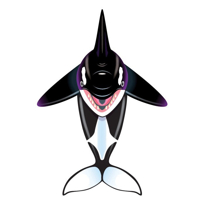 Orca SeaLife Kite soaring in the sky with colorful detailed graphics, showcasing a killer whale against a blue backdrop.