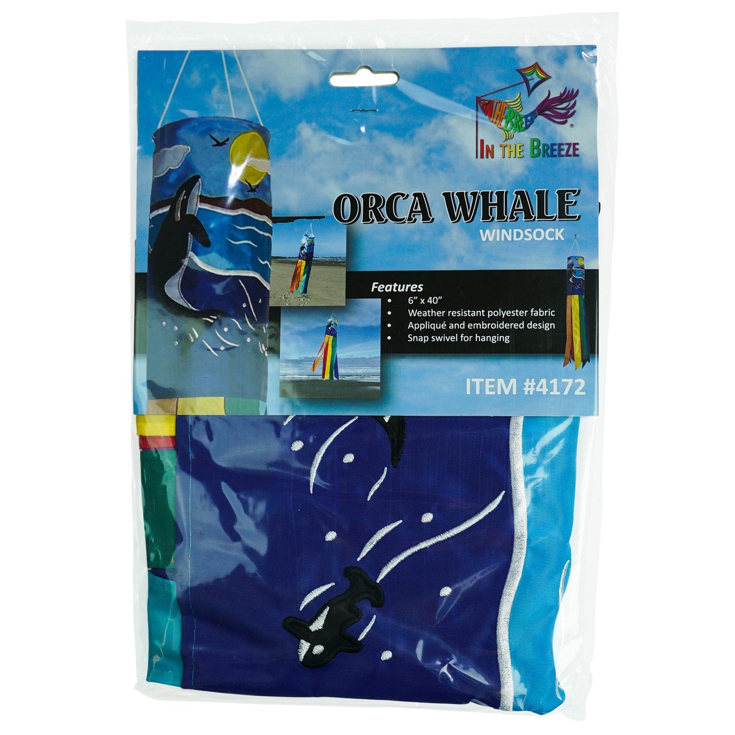 Orca Whale 40-inch windsock featuring colorful appliqued graphics and embroidered details, elegantly displayed outdoors.