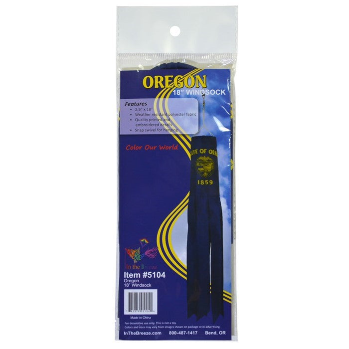 Oregon 18-inch windsock showcases the Oregon State Flag with vibrant colors and durable design, perfect for outdoor display and seasonal decoration.