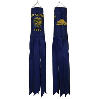Oregon 18-inch windsock showcases the Oregon State Flag with vibrant colors and durable design, perfect for outdoor display and seasonal decoration.
