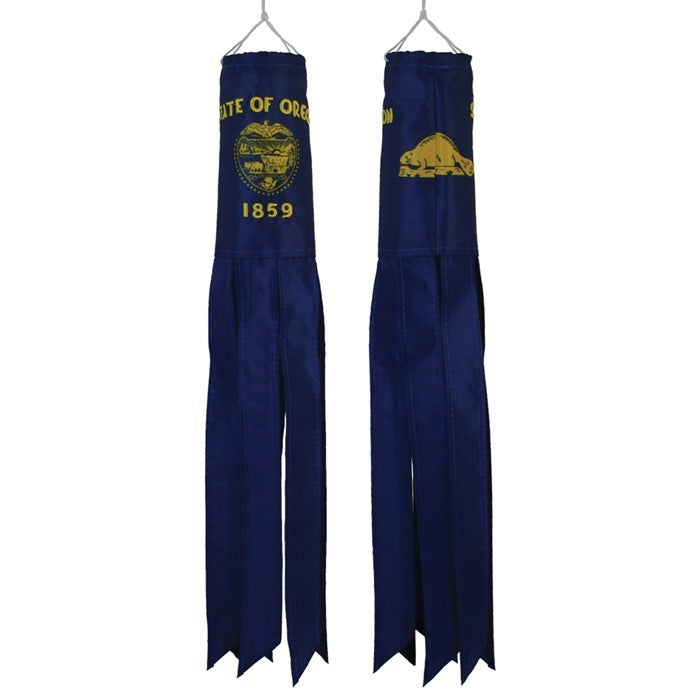 Oregon 18-inch windsock showcases the Oregon State Flag with vibrant colors and durable design, perfect for outdoor display and seasonal decoration.