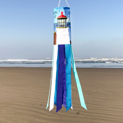 Oregon Coast 40-inch windsock featuring Heceta Head Lighthouse design with colorful applique and embroidered accents fluttering in the breeze.