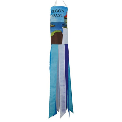 Oregon Coast 40-inch windsock featuring Heceta Head Lighthouse design with colorful applique and embroidered accents fluttering in the breeze.