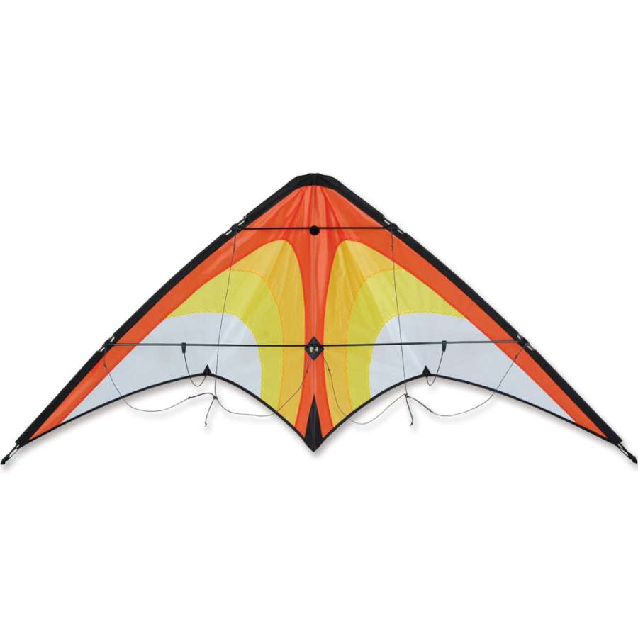 Osprey Sport Kite - Fire Raptor with vibrant colors flying high in a blue sky, showcasing its lightweight design and impressive size.