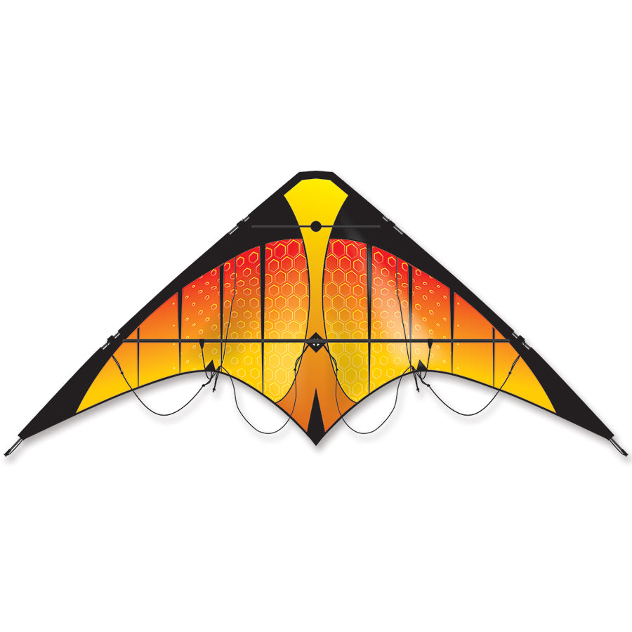 Osprey Sport Kite in vibrant colors measuring 60 x 26.5 inches flying in a clear blue sky, showcasing its design and lightweight frame.